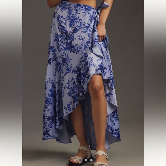 NWT new Anthropologie Maeve ruffled wrap skirt dark blue floral small maxi - Picture 9 of 17